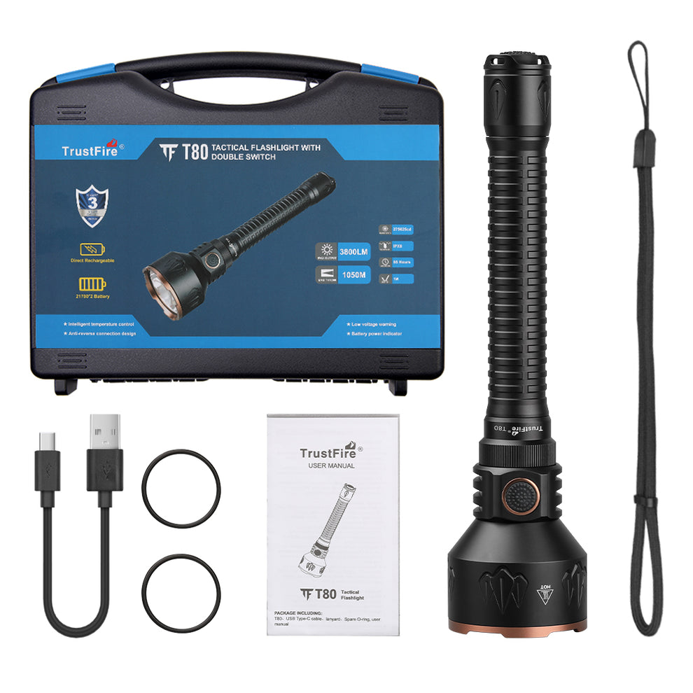 T80 TACTICAL FLASHLIGHT WITH A MAXIMUM OUTPUT OF 3800 LUMENS AND A RAN